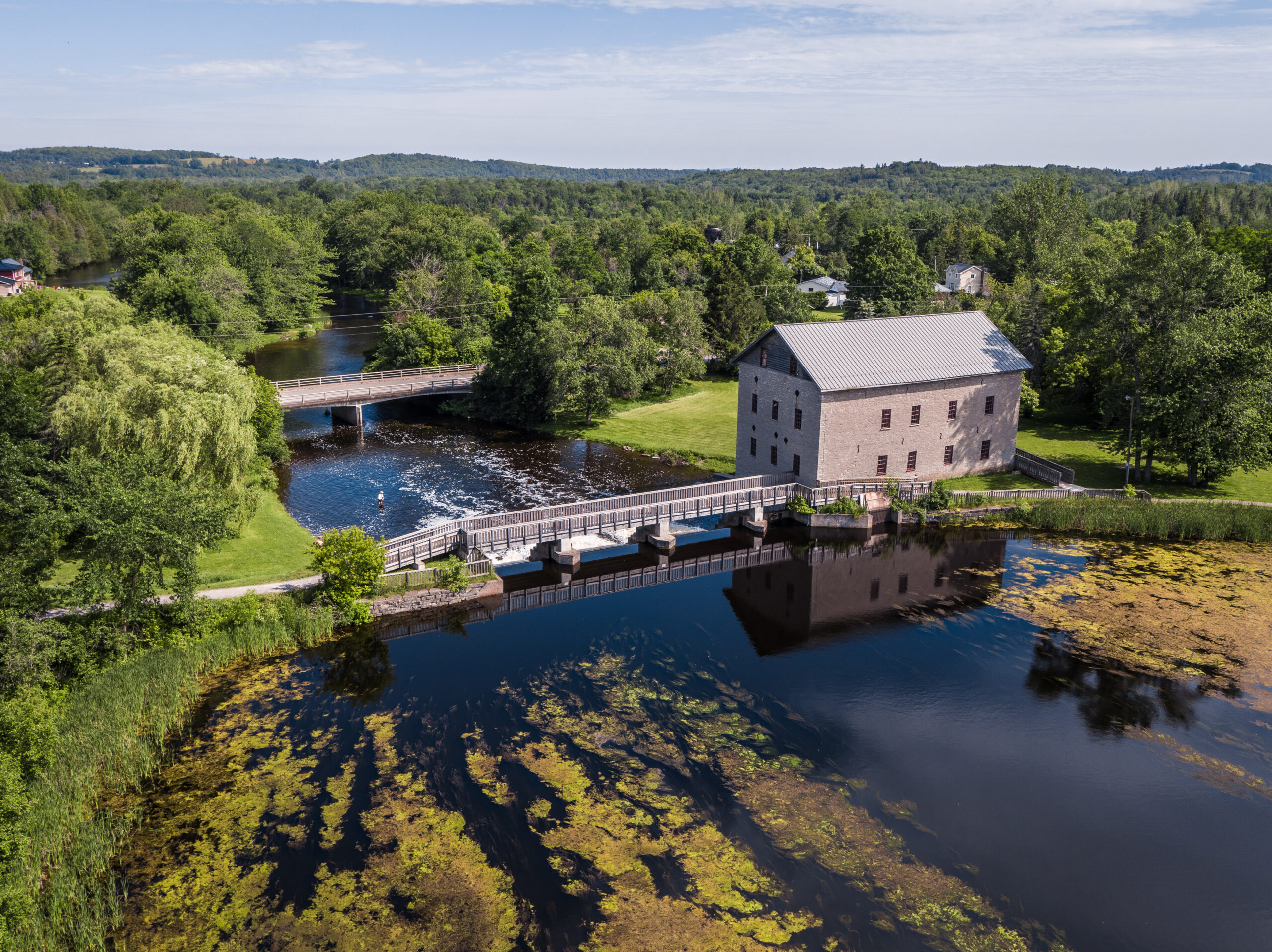aerial image of Lang Pioneer Village heritage buildings, located along the river