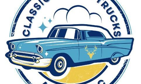 a cartoon image of a vintage car with the words classic carts & trucks at the BCC