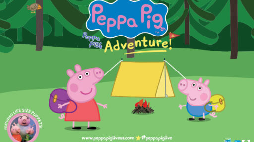 an image of Peppa the Pig cartoon character, and another character with a tent in the background