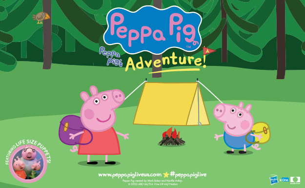an image of Peppa the Pig cartoon character, and another character with a tent in the background