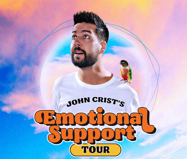 an image of a man with a bird on his shoulder that says "John Crist Emotional Support tour"