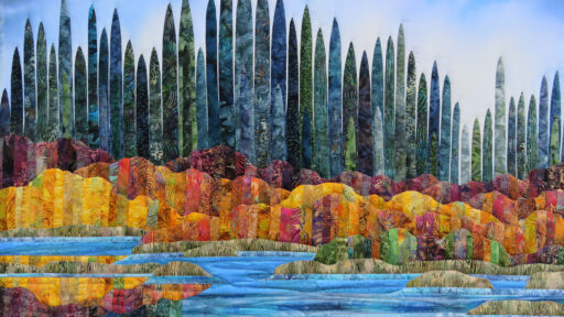 a painting of a lake with trees changing colour in the fall time