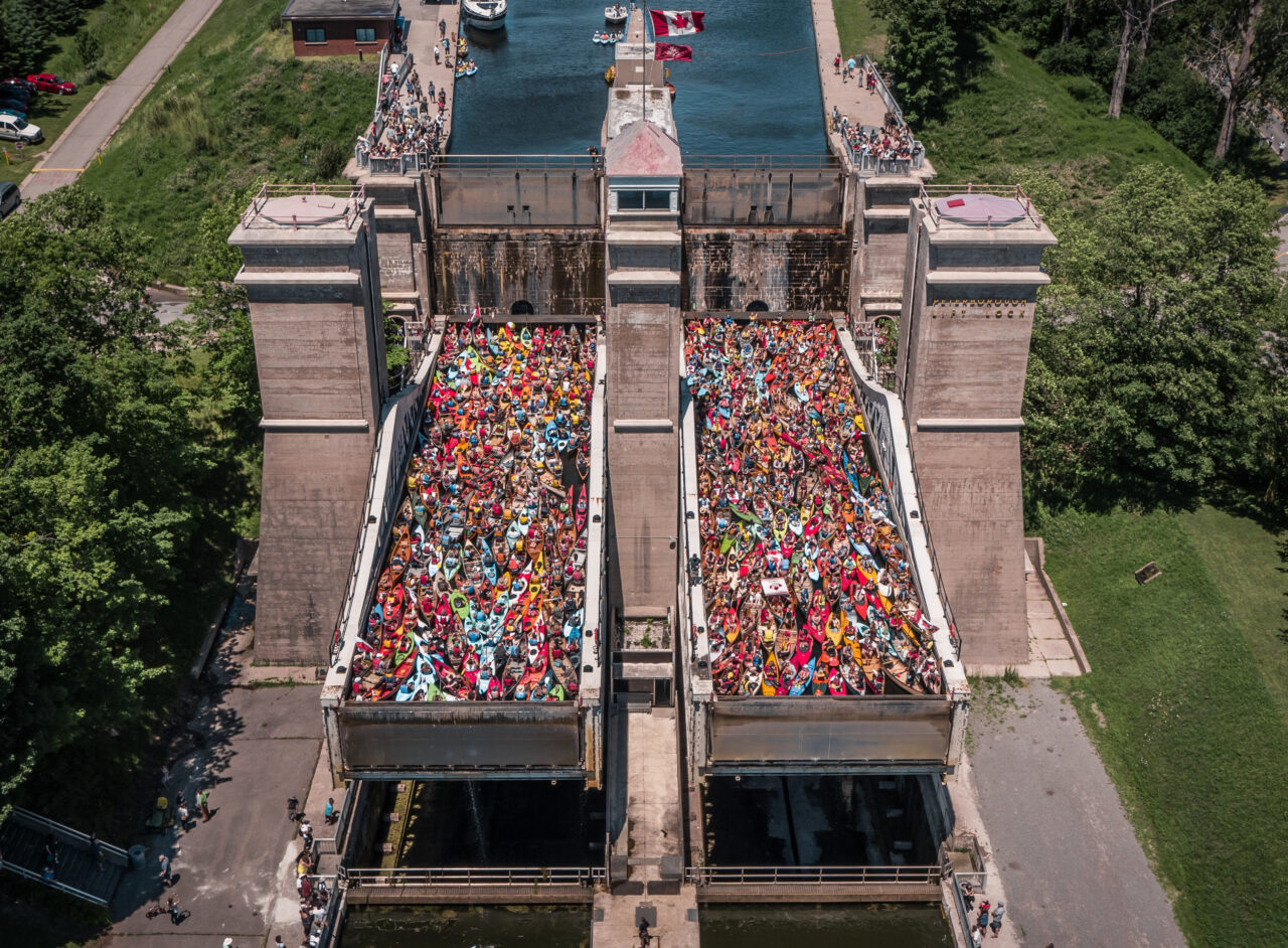 Hundred of Canoeists and Kayakers at the Peterborough Lift Lock's annual Lock & Paddle event