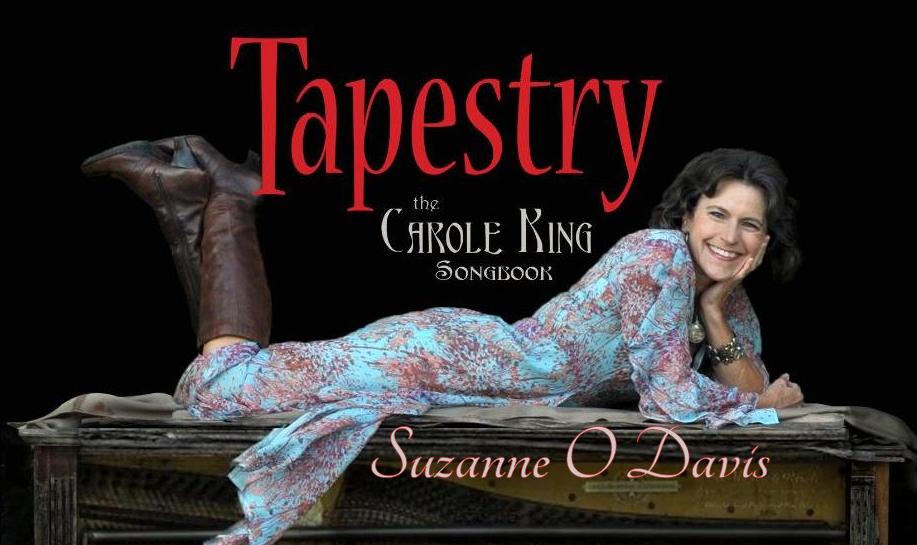 text reading "tapestry the Carole King Songbook susanne o davis with a woman laying on a desk