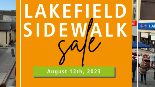 lakefield sidewalk sale august 12th, 2023 text over buildings
