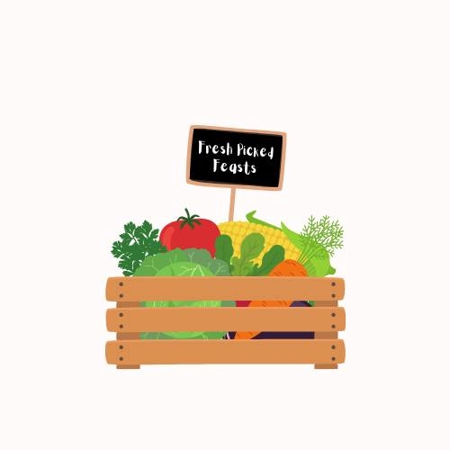 animated basket of vegetables with a sign that says fresh picked feasts