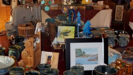 various handmade art items on tables