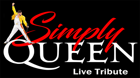 text 'simply queen live tribute' with a man singing