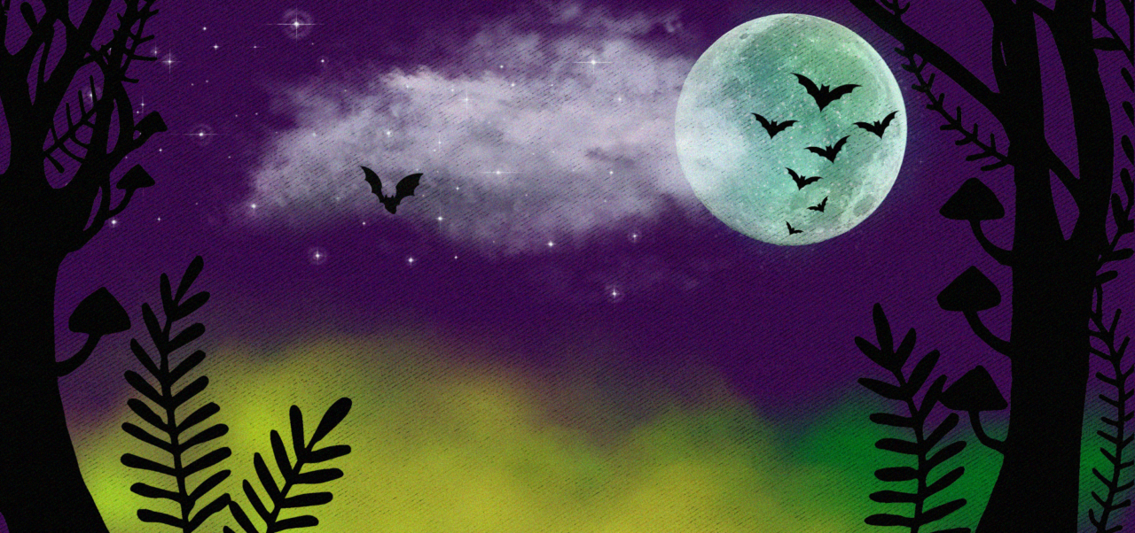 artwork of a halloween night sky with bats