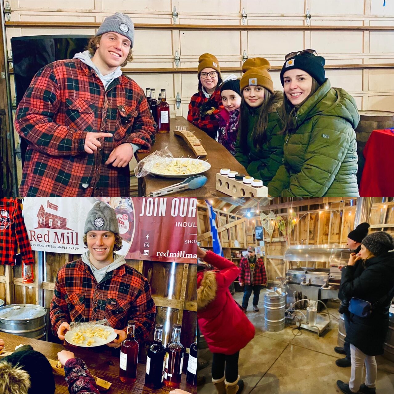 A collage of three photos, top: Jeremy from Red Mill Maple learning on the tasting bar with 4 people sitting on the opposite side, everyone is smiling at the camera. Bottom left, Jeremy from Red Mill Maple holding maple candy behind the tasting bar, bottom right: a group of people with their head back drinking a shot of maple syrup in a barn