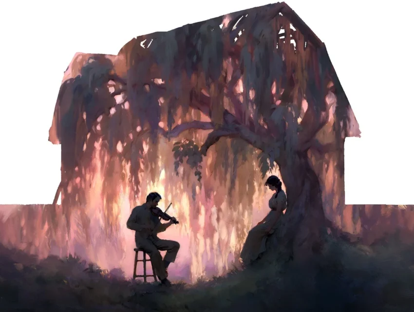 watercolor of a man playing violin to a woman under a tree