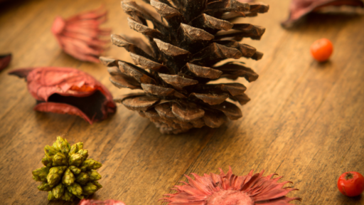 pinecone, flowers, and leaves on a wooden table