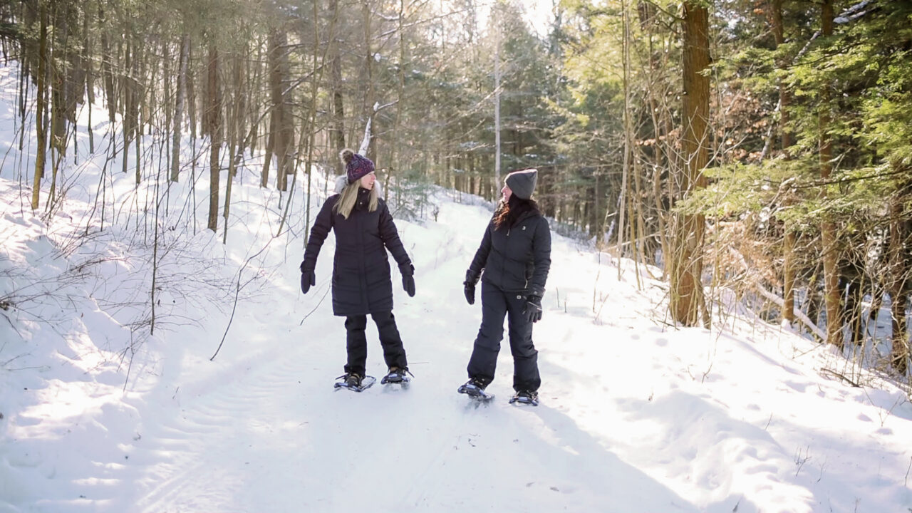 Two people wearing snowshoes standing in snow in winter