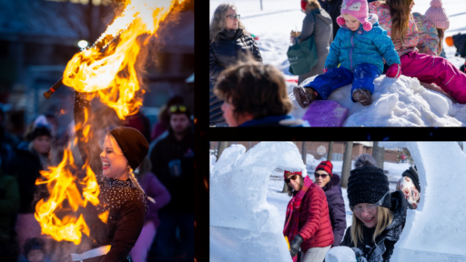 collage of people playing in snow and with fire