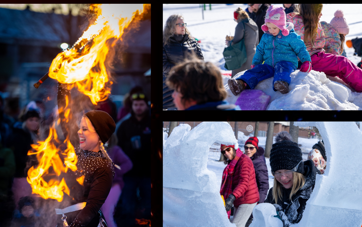 collage of people playing in snow and with fire