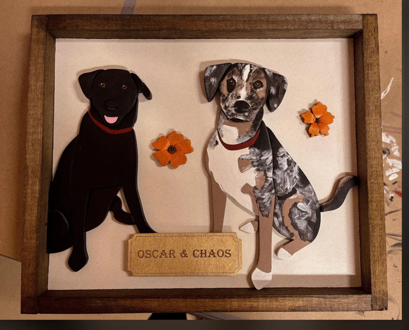 wood portrait of two dogs