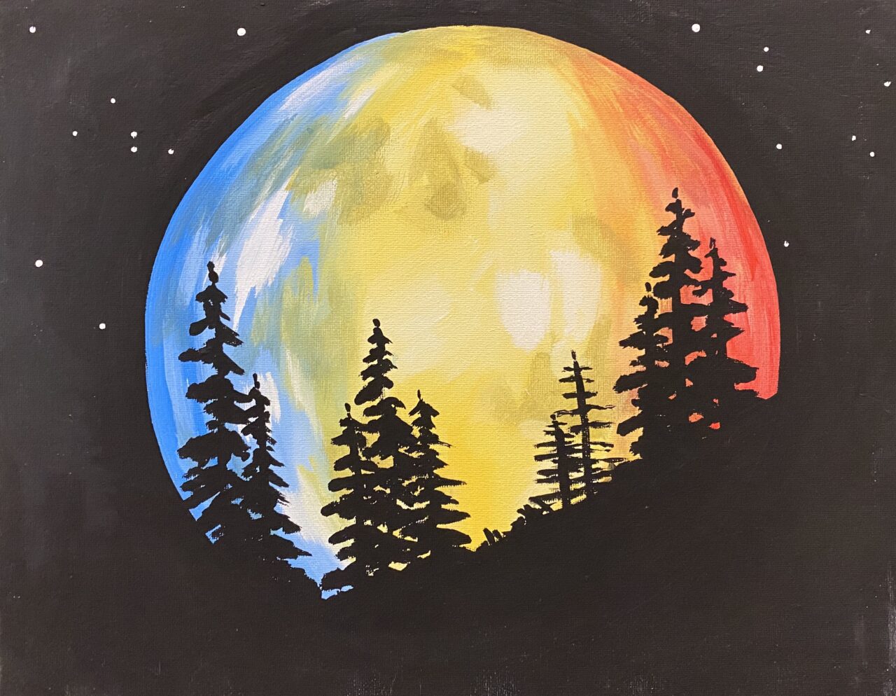 painting of a moon and trees