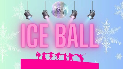 text 'ice ball' with disco balls, snowflakes, and silhouettes of people dancing