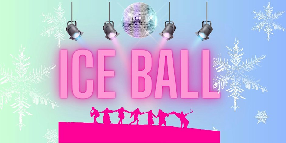 text 'ice ball' with disco balls, snowflakes, and silhouettes of people dancing