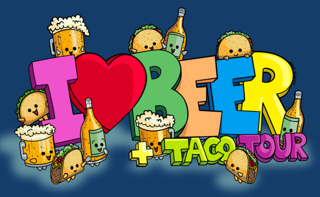 text 'i heart beer + taco tour' with cartoons of beer and tacos