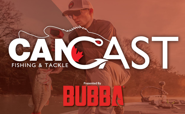 man with a fish with text 'cancast fishing & tackle presented by bubba'