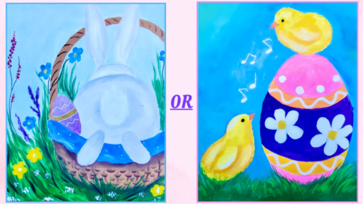 painting of a bunny in an easter basket and painting on an easter egg sand two chicks