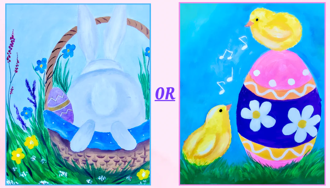 painting of a bunny in an easter basket and painting on an easter egg sand two chicks