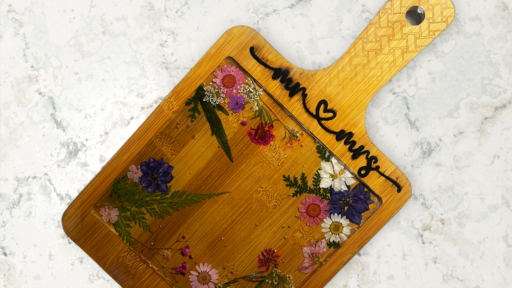 wood board with flowers in resin