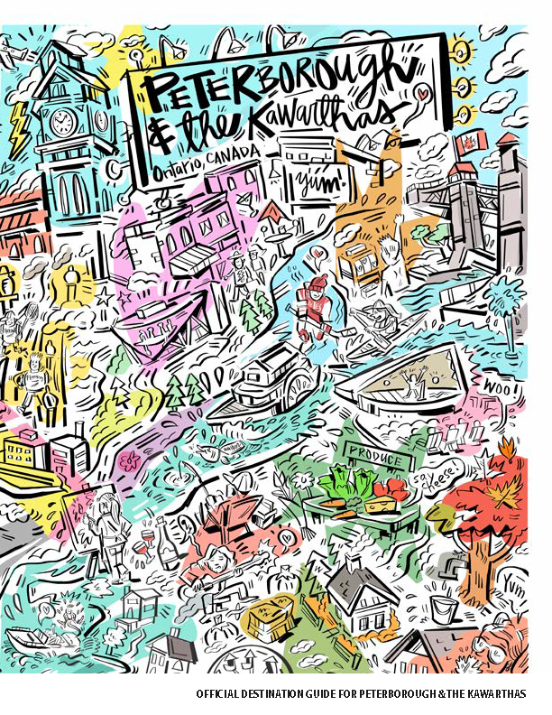 Peterborough & the Kawarthas Destination Guide Cover; colourful illustrations of local area attractions.