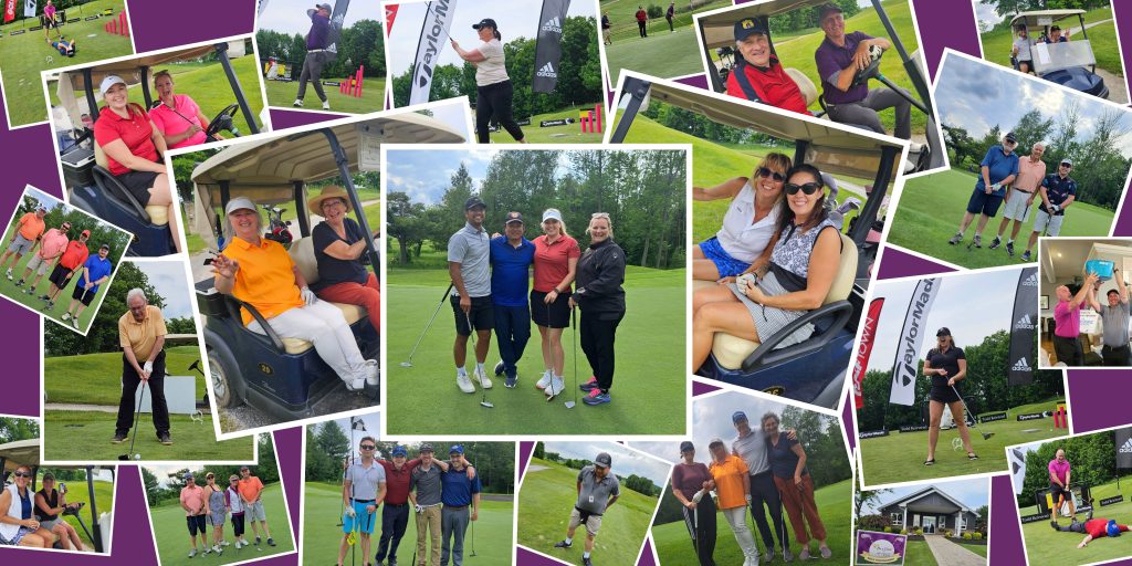 collage of people posing for photos while golfing