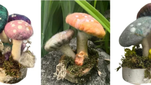 three different felted mushrooms