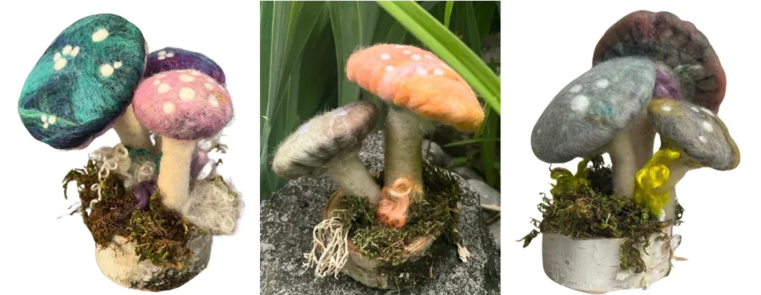 three different felted mushrooms