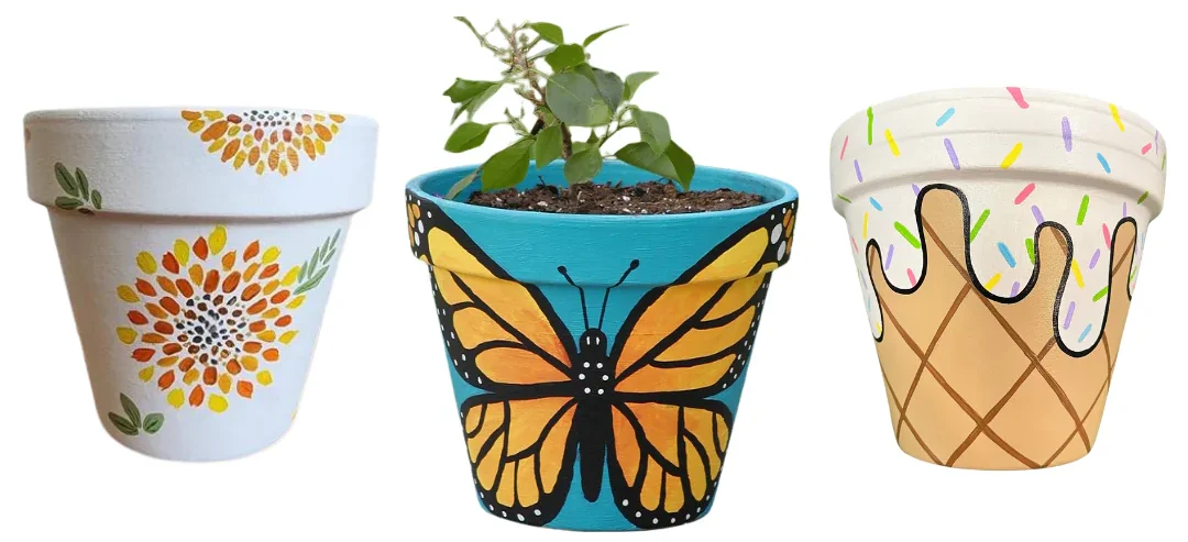 three painted flower pots