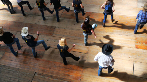top view of a group line dancing