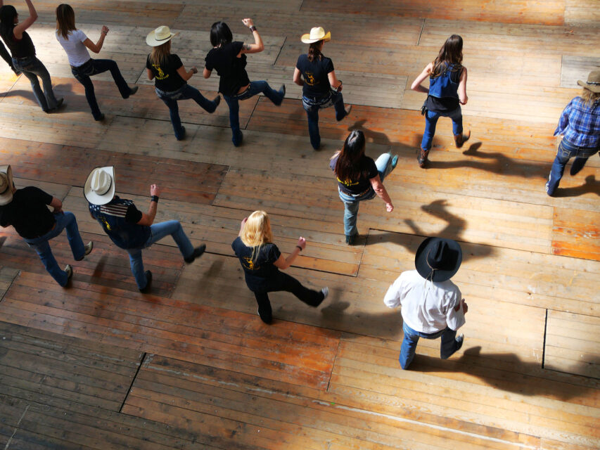 top view of a group line dancing