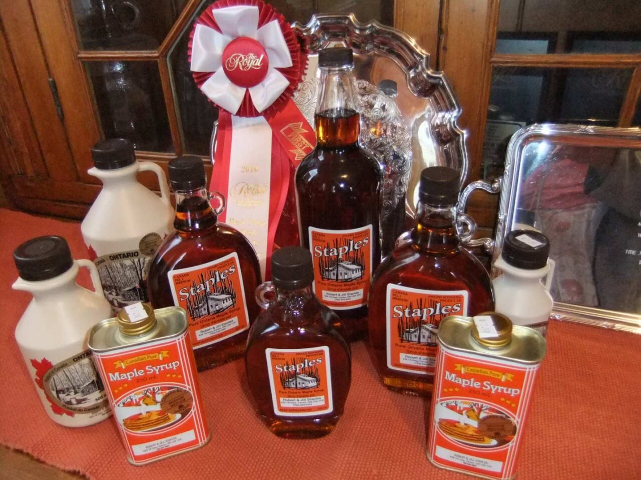 A display of award winning maple syrup